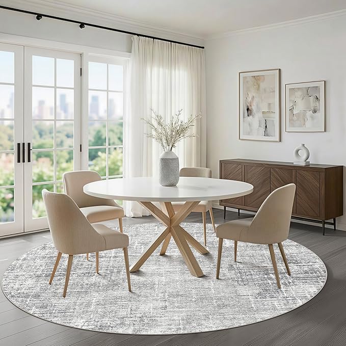 8ft Round Rug Living Room: 8x8 Washable Large Neutral Grey Circle Area Rug Abstract Soft Modern Stain Resistant Indoor Floor Non-Slip Carpet for Bedroom Nursery Kids Office Playroom Dining Room