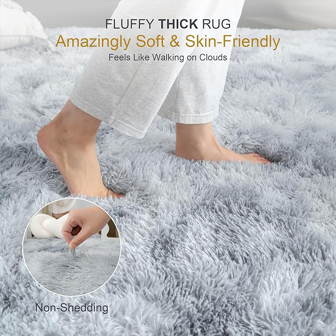 KICHOWUA Thick Area Rug Light Grey Fluffy Shag 3x5 for Bedroom, Soft Plush Fuzzy Shaggy Carpet, Thickened Washable Non Slip Cozy Furry Rugs for Living Room, Kids Baby Nursery Dorm, Tie-Dye Gray