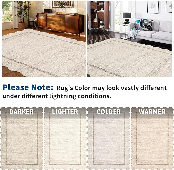 GarveeHome Scalloped 3x5 Washable Rug for Entryway, Super Soft Entryway Rug Non-Slip, Printed Faux Wool Floral 3x5 Area Rug Thin Floor Carpet for Kitchen, Bedroom, Office, Living Room, Beige