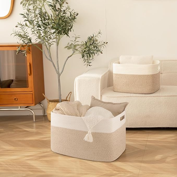 96L XL Large Cotton Rope Basket, Soft Toy Storage Bin for Nursery & Living Room, Decorative Blanket Basket for Bedroom, Baby-Safe Organizer for Pillows &Laundry, 24''×16''×15'', Brown & White