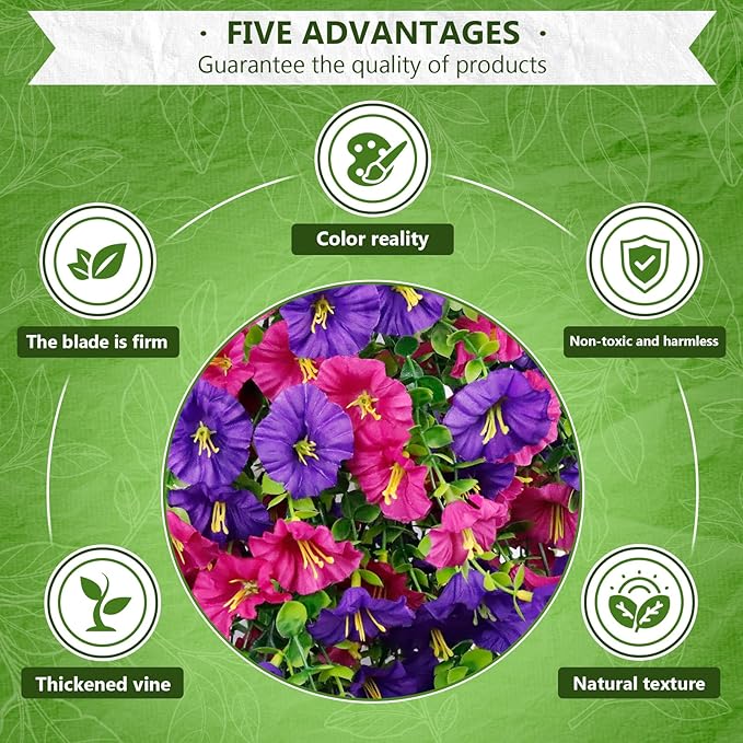 Fake Hanging Plants, Faux Hanging Plant Artificial Greenery for Living Room Bedroom Boho Wall Shelf Indoor Outdoor Decor (4-Pack, Purple Pink Morning Glory)