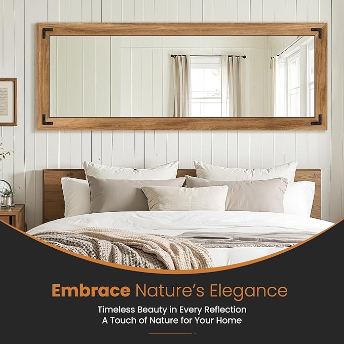 TRAHOME Full Length Mirror with Wooden Frame, 65"X24" Solid Wood Standing Floor Mirror for Farmhouse, Bathroom, Bedroom, Hanging or Leaning Wall-Mounted