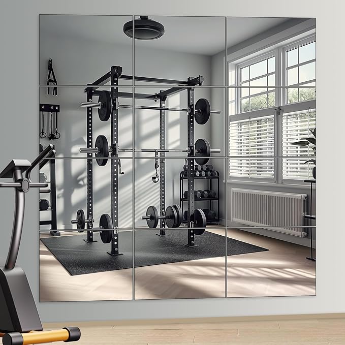 Home Gym Mirror for Gym, 12Pcs 16"×12" Wall Mirror Tiles, Frameless HD Glass Full Length Wall Mirrors for Wall Decor, Bedroom, Living Room, Over The Door, Self Adhesive