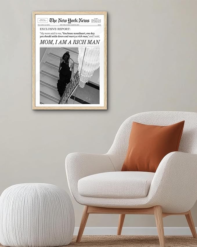 EcoHest Trendy Newspaper Framed Wall Art, Large 16x20 in OAK Wood Mom I Am a Rich Man Canvas Art, Magazine Girly Poster College Dorm Decor, Beige Logs Set of 1 for Bedroom Living Room