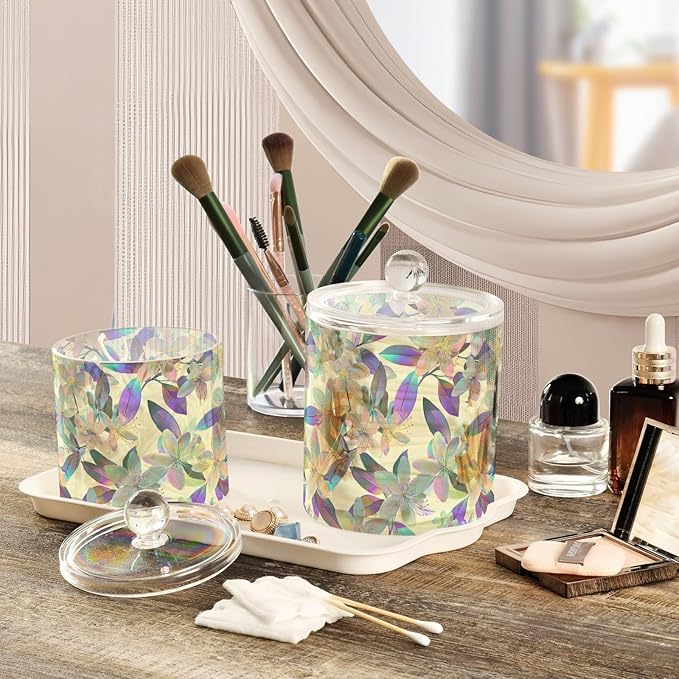 Hologram Flower Purple Clear Plastic Makeup Organizer Storage with lid Bathroom Essentials Decorative Dental floss storage jar for Cotton Swabs,Cotton Pads,Floss Picks,Paper Clips,Hair Clips 2