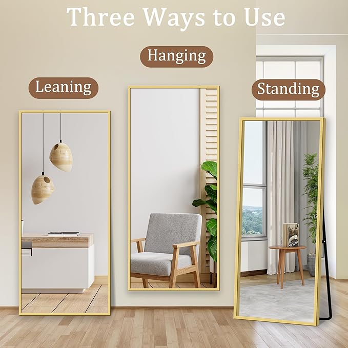 GlasFlength Full Length Mirror with Stand, 64"x21" Full Body Mirror with Aluminum Alloy Frame, Wall-Mounted/Leaning Against Wall/Standing Floor Mirror for Bedroom, Living Room, and Entryway