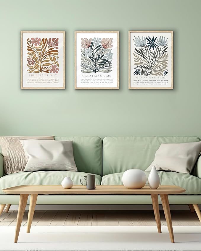 EcoHest Christian Bible Verse Floral Framed Wall Art, 12x16 in OAK Wood Boho Abstract Flowers Canvas Wall Art, Galatians 2:20 Home Decor, Beige Logs Christ Set of 1 for Bedroom Living Room