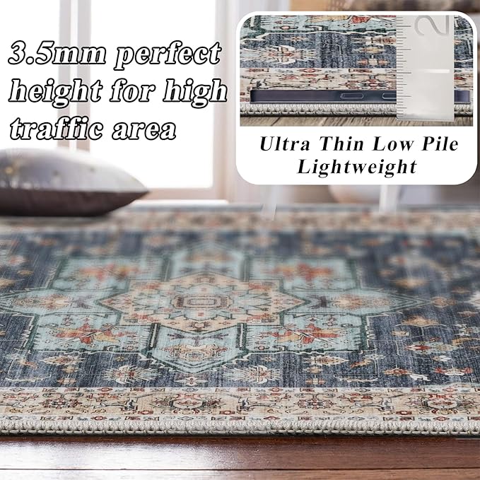 Dining Room Rugs for Under Table - Washable 6x8 Area Rug for Living Room Bedroom Soft Low Pile Non Slip Stain Resistant Carpet - Perfect for Homes with Pets & Kids (Blue/Teal/Orange, 6x8)