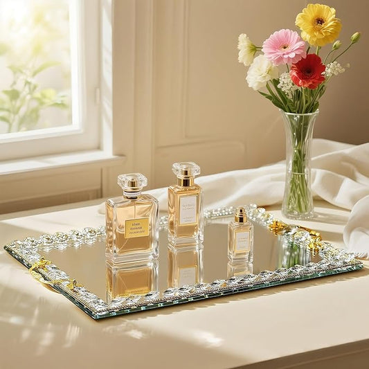 kanpura Large Crystal Tray Modern Glass Mirror Jewelry Trinket Trays with Diamond, 14.7" x 10.8" Rectangular Makeup Perfume Tray for Bathroom Bedroom, Hotel Banquet, Party (Golden)