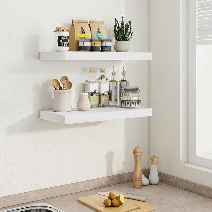 Fun Memories White Floating Shelves 24 Inch Long, 9.3 Inch Deep Floating Shelf for Lving Room, Bedoom, Kitchen, Deep Wall Shelves for Bathroom, 2 Pack Storage Display Shelf for Books, Decors
