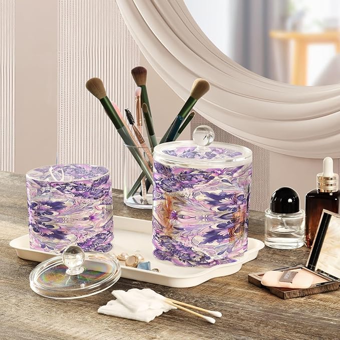 Boho Psychedelic Purple Floral Clear Plastic Makeup Organizer Storage with lid Office Essentials Decorative Dental floss storage jar for Cotton Swabs,Cotton Pads,Floss Picks,Paper Clips,Hair