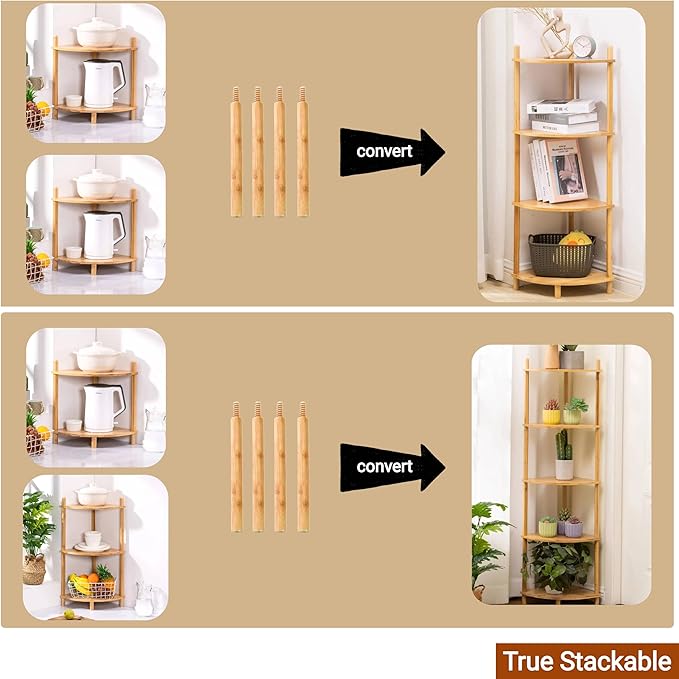 4-Tier Expandable Bamboo Corner Shelf Stand,Corner Bookshelf, Display Storage Shelves with Open Shelves, for Organization and Storage, Living Room, Home Office, Garage (1, Natural, 4-Tier)