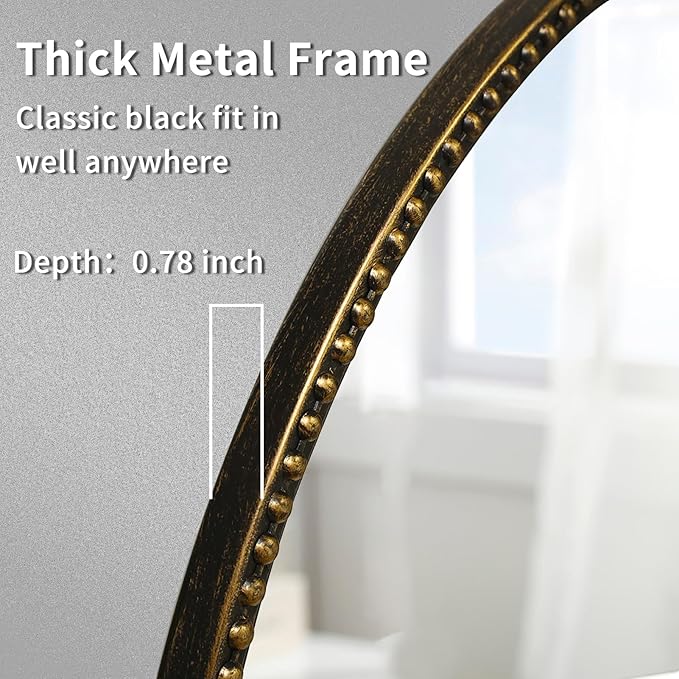 Vintage Round Mirror, 28" Baroque Style Circular Mirror, Antique Metal Frame Wall Mirror, Traditional Art Home Decor for Dressing Table, Bathroom or Bedroom,Retro Black
