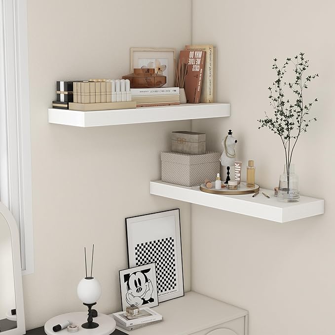 FLYJOE Deep Floating Shelves | 36 Inch White Floating Shelves Set of 2 | 12 Inch Deep Rustic Wood Shelves for Wall | 36" W x 12" D White Shelves for Living Room Bathroom Laundry Room Kitchen
