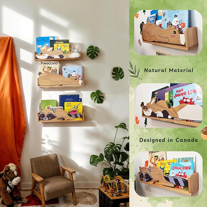 3 Floating Shelves, Wall Shelf for Kids Rooms, Woodland Nursery Bookshelves, Bear Fox and Raccoon 24inch