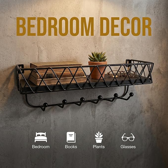 Molaxhome Wall Mounted Storage Shelves,Easy to Mount Wall Wooden Floating Shelf for Bedroom,Farmhouse,Living Room,Bathroom,Kitchen,Office and More DC1A611 (Black, W4.7xL14)