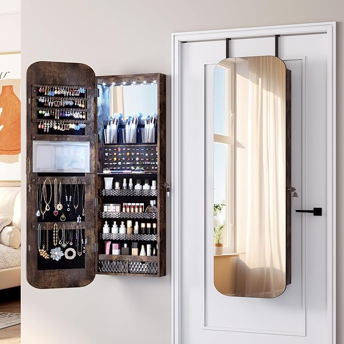 Vlsrka 6 LEDs Mirror Jewelry Cabinet Door Hanging, 47.2" Wall Mounted Jewelry Cabinet, Lockable Full Length Mirror with Storage, Rounded Corner Mirror Jewelry Organizer, 2 Drawers, Rustic Brown