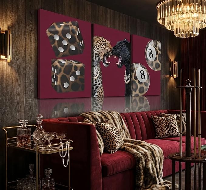 3Pcs Trendy Leopard Canvas Wall Art Funky Lucky 8 Ball Pictures Wall Decor Eclectic Cheetah Preppy Aesthetic Posters Prints Paintings for Bedroom Dorm Living Bathroom Decoration Prepare To Hang