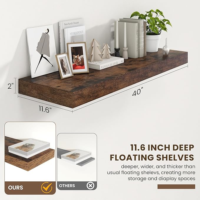 FLYJOE Deep Floating Shelves | 40 Inch Floating Shelves Set of 2 | 12 Inch Deep Brown Wood Wall Shelves | 40" W x 12" D Rustic Brown Shelves for Bathroom Living Room Kitchen Laundry Room