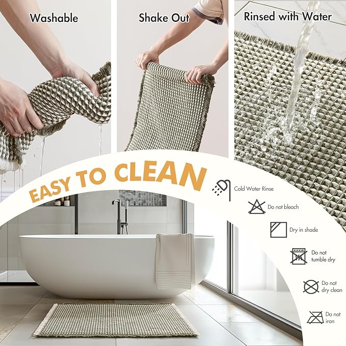 MIULEE Set of 2 Waffle Bathroom Rugs, Boho Bath Rugs Non Slip Washable, Super Absorbent Bath Mats, Ultra Soft Rubber Backed Shower Mats for Bathroom Floor, Tub, Green & Cream, 17"x24"+18"x30"