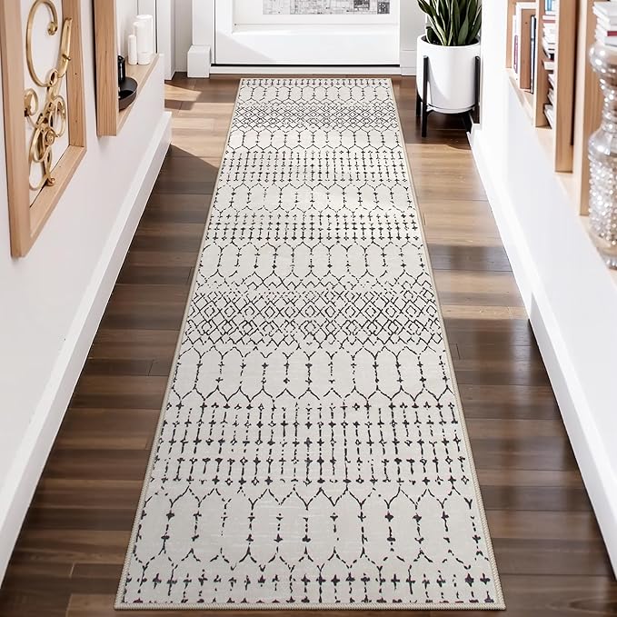 Lahome Moroccan Washable 2x6 Runner Rug, Non-Slip Beige Kitchen Hallway Runner Rug, Ultra Soft Geometric Print Distressed Floor Carpet for Hallways Entryway Bedroom Laundry Hana