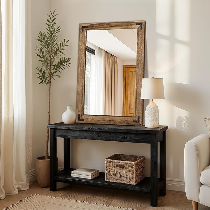 Wooden Bathroom Mirror for Wall, 38"x26" Solid Wood Frame Vanity Mirror, for Farmhouse, Bedroom, Living Room, Entryway Decor, Hangs Vertically or Horizontally