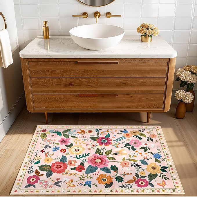 RELEANY Floral Nursery 2x3 Area Rugs Washable Print Boho Cute Carpet Non Slip Flower Low Pile for Living Room Kids Girls Playroom Bedroom Kitchen Office Farmhouse-Pink