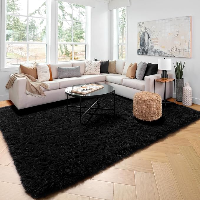 Amdrebio Black Area Rugs for Bedroom, 5x8, Large Fluffy Rug for Living Room Decor, Modern Cool Rugs for Kids, Boys, Men, Furry Shaggy Carpets for Classroom, Fuzzy Plush Gothic Carpet for Home Office