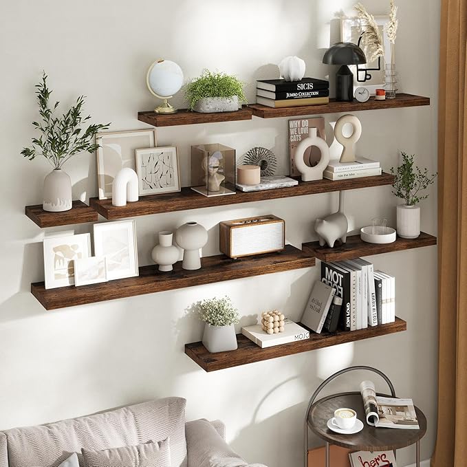 36 Inch Floating Shelves for Wall with Invisible Brackets Set of 2, 8"D Engineered Wood Wall Shelves with Wood Grain for Living Room, Bedroom, Bathroom, Kitchen Decor and Storage, Rustic Brown Finish