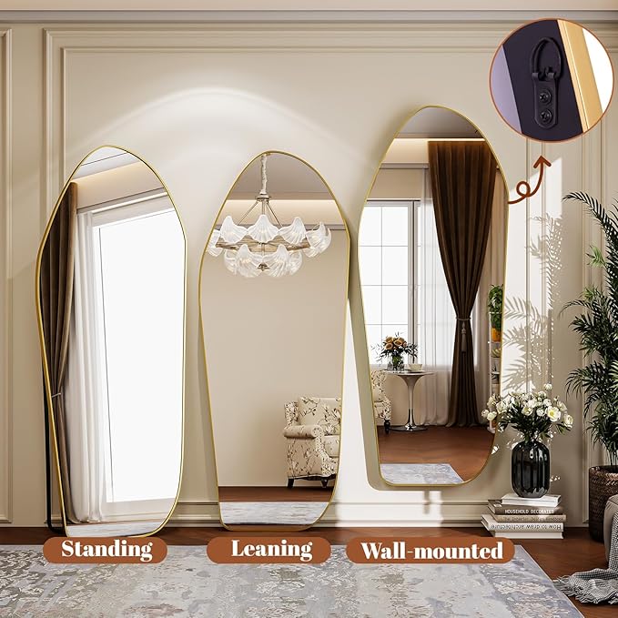 Full Length Floor Mirror - 76"x34" Irregular Diamond Shaped Floor Mirror Aluminum Frame Mirror Full Length for Bedroom Living Room Cloakroom Decor Gold