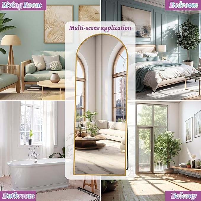 Full Length Mirror, 58"x21" Arched Floor Mirror Freestanding, Floor Standing Full Body Mirror with Stand for Bedroom, Hanging Mounted for Living Room Cloakroom, Gold