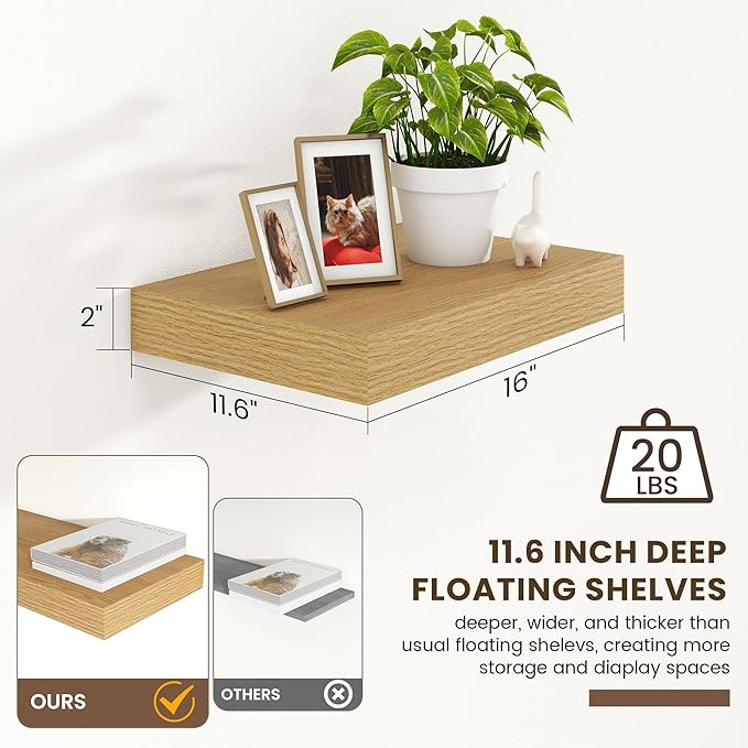 FLYJOE 12 Inch Deep Floating Shelves | 16 Inch Oak Floating Shelves Set of 2 | 16W x 12D Rustic Shelves for Wall | Deep Wood Shelves for Living Room Bathroom Kitchen Bedroom