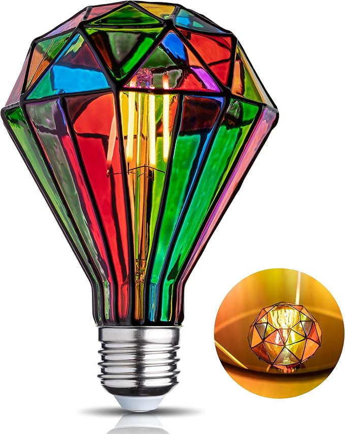 Stained Glass Light Bulb, Rainbow Painted, Mosaic, 4W 120V, Multi Colored, Fun Romantic, Unique Decorative