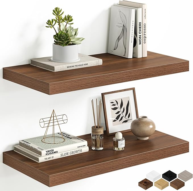 Floating Shelves for Wall, 24 Inch Floating Shelves Set of 2, Wall Mounted Rustic Wood Shelf for Bathroom, Living Room, Bedroom and Kitchen, Hanging Shelf for Storage, Books, Home Decor, Walnut