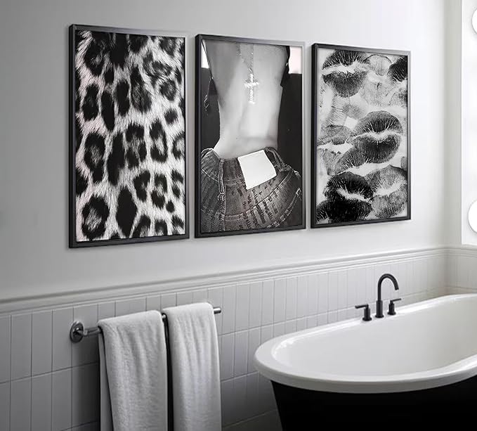 Set of 3 Fashion Chic Wall Art Kiss Lips Poster Leopard Picture Wall Decor Trendy Y2k Print Black and White Aesthetic Girly Room Decor for Bedroom Living Room Dorm Home Decoration Unframed 12"x16"