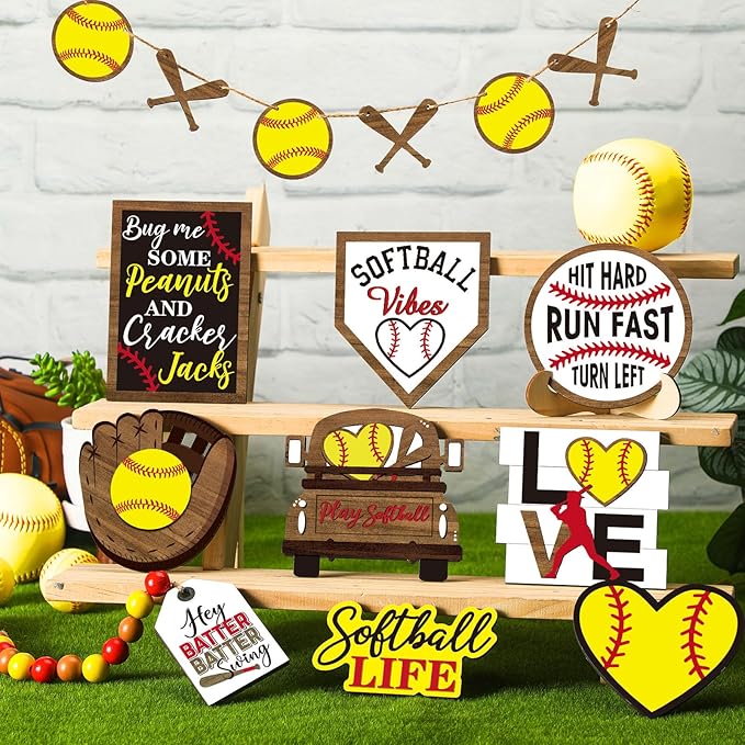 FairySandy 13 Pcs Softball Tiered Tray Decor Birthday Decorations Softball Wooden Table Decor Rustic Sport Game Sign for Fans Theme Supplies