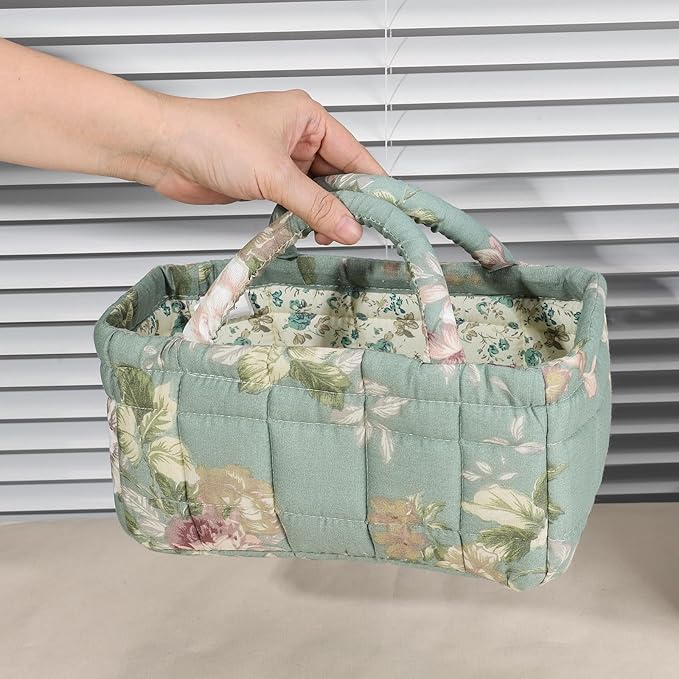 Mini Storage Basket, Small Quilted Boho Fabric Organizer Bin with Handle, Portable Collapsible Basket for Socks, Keys, Diaper