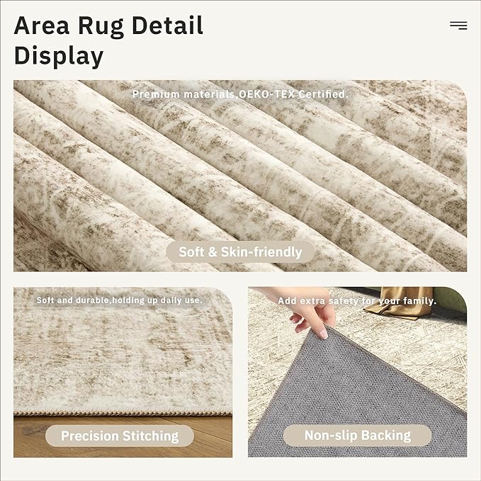 Soalmost 5x7 Area Rugs Brown Low Pile Indoor Washable Trendy Faded Style Floral Rugs for Bedroom Living Room Dining Room Foldable Non-Slip Thin Print Mat