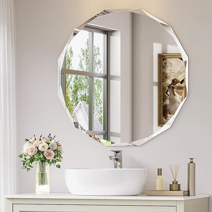 24 Inch Faceted Round Mirror for Wall Decor, Diamond-Cut Beveled Circle Vanity Mirror, Solid Backed Sparkle Frameless Mirror for Powder Room & Entryway, Art Deco Style