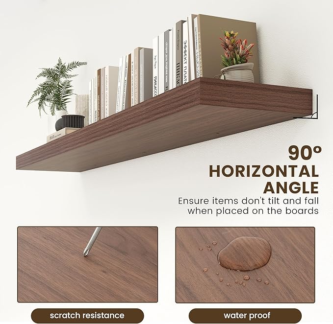 FLYJOE 72 Inch Walnut Floating Shelf | 12 Inch Deep Floating Shelves Set of 1 | 72" D x 12" D Rustic Wood Shelves for Wall | Deep Walnut Shelves for Living Room Bathroom Laundry Room Kitchen