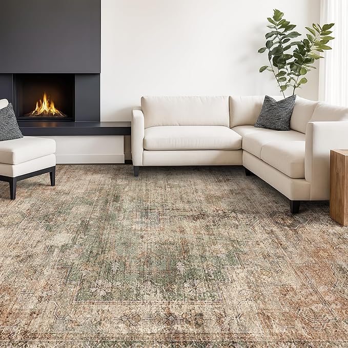 Hazo Haus Vintage Dark 6x9 Living Room Rug - Green and Brown Modern Abstract Rug for Dining Room Under Table, Bedroom, Washable Non Slip Soft Rust Taupe Faded Print Mat