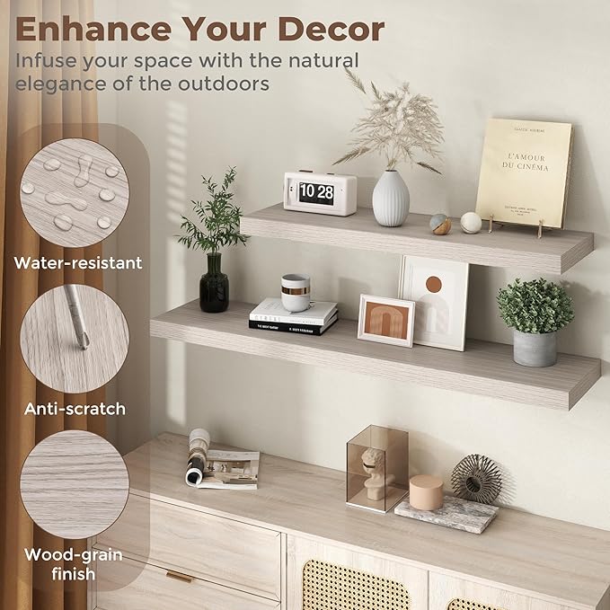 Fun Memories 32 Inch Grey Floating Shelves for Wall, 12 Inch Deep Shelves for Bathroom|Kitchen|Bedroom, Wall Mounted Rustic Wood Floating Shelf with Invisible Brackets for Books|Storage|Decor, 2 Pack