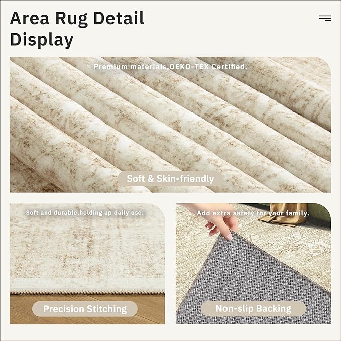 Soalmost 5x7 Area Rugs Beige Low Pile Indoor Washable Trendy Faded Style Floral Rugs for Bedroom Living Room Dining Room Foldable Non-Slip Thin Print Mat