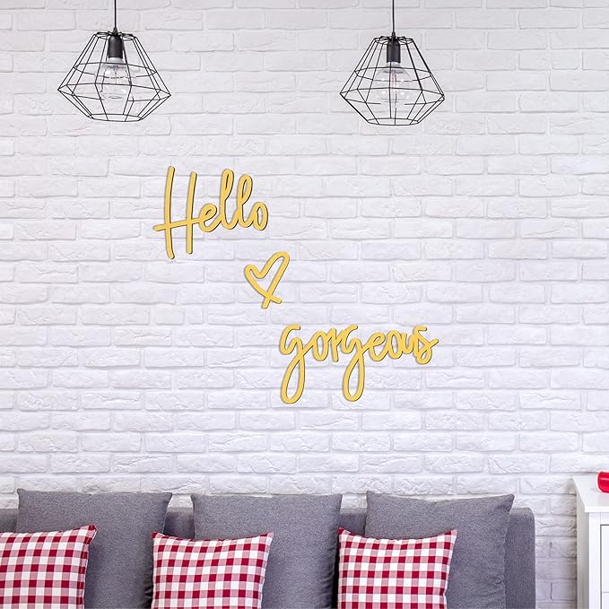 Blulu Hello Gorgeous Wall Decor Sign Hello Gorgeous Wall Art Minimalist Wooden Words Decor for Lash Room, Salon, Vanity or Makeup Room, Bathroom, Bedroom, Office(Gold)