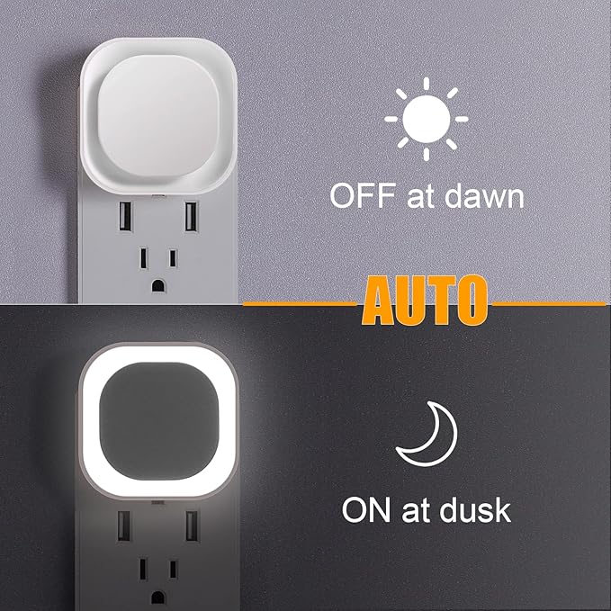 YUNLEX 2 Pack Daylight White Night Light, Gentle Eye-Care with Dimmable Wide-Glow & Indirect Reflection, Auto Dusk to Dawn Sensor, Plug in for Kitchen Counter, Garage Workshop, Laundry, Hallway