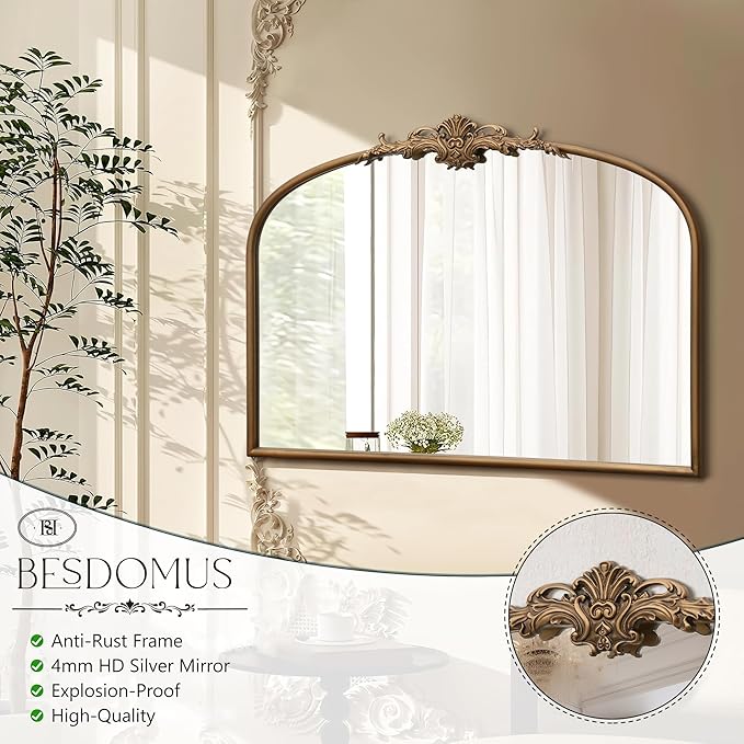 Besdomus Vintage Arched Gold Mirror: 32"x24" French Large Vintage Vanity Wall Mirror - Baroque Decorative Traditional Ornate for Bedroom/Fireplace/Bathroom/Hallway - Wall Decor for Fashion-Conscious