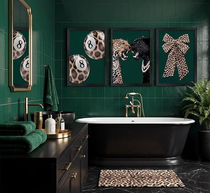 Framed 3pcs Trendy Leopard Canvas Wall Art Funky Lucky 8 Ball Pictures Wall Decor Cheetah Bows Preppy Aesthetic Posters Prints Paintings for Bedroom Dorm Living Bathroom Home Decoration
