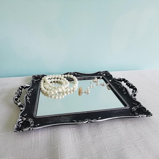 Rectangle Decorative Mirror Tray, French Style, Makeup Organizer, Jewelry Organizer, Serving Tray, 9.5"x 14.9", Silver Black