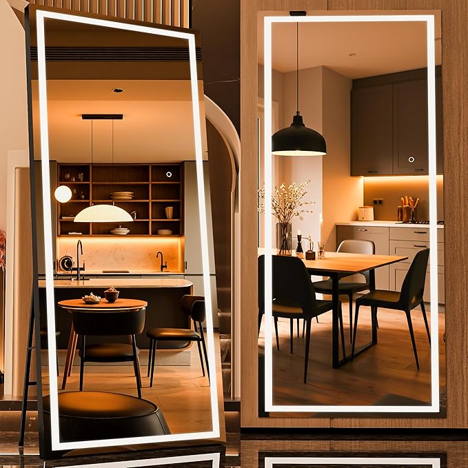 71" x 32" Full Length Mirror with Lights, LED Lighted Floor Standing Body Mirror, Dimmable & 3 Color Lighting for Bedroom, Cloakroom, Dressing Room, Tempered Glass, Black Frame