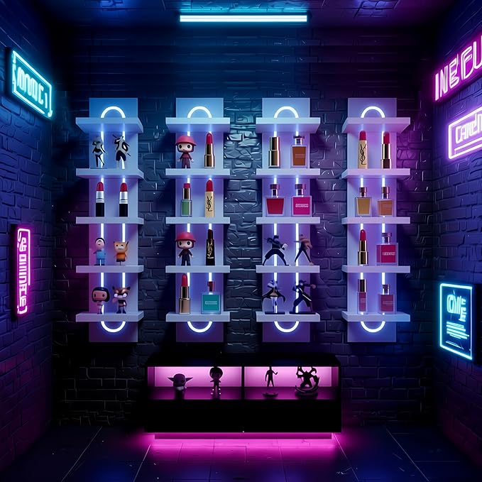 Exclusive U-Shaped 5-Tier Compact Narrow Wall Shelf Unit with RGB Lighting, Modern Vertical Shelf for Vanity, Ideal for Anime Figures, Perfumes, Cosmetics, Collectibles,White